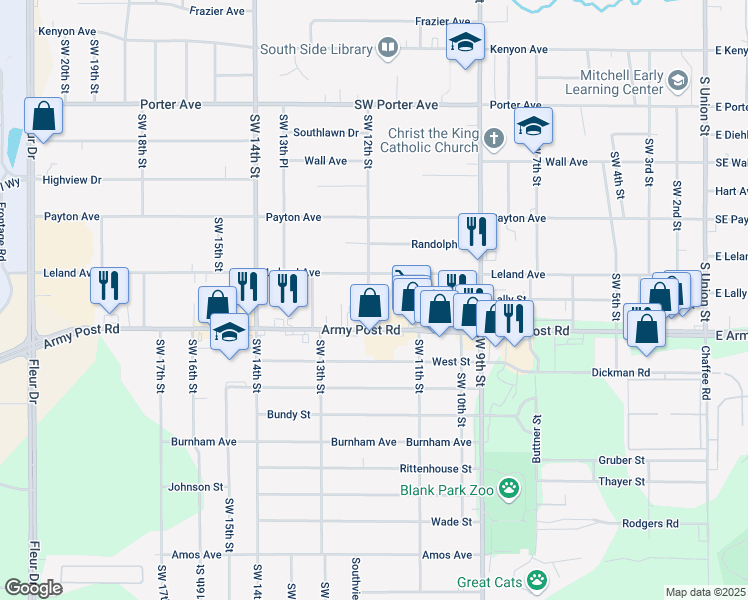 map of restaurants, bars, coffee shops, grocery stores, and more near 6223 Southwest 12th Street in Des Moines
