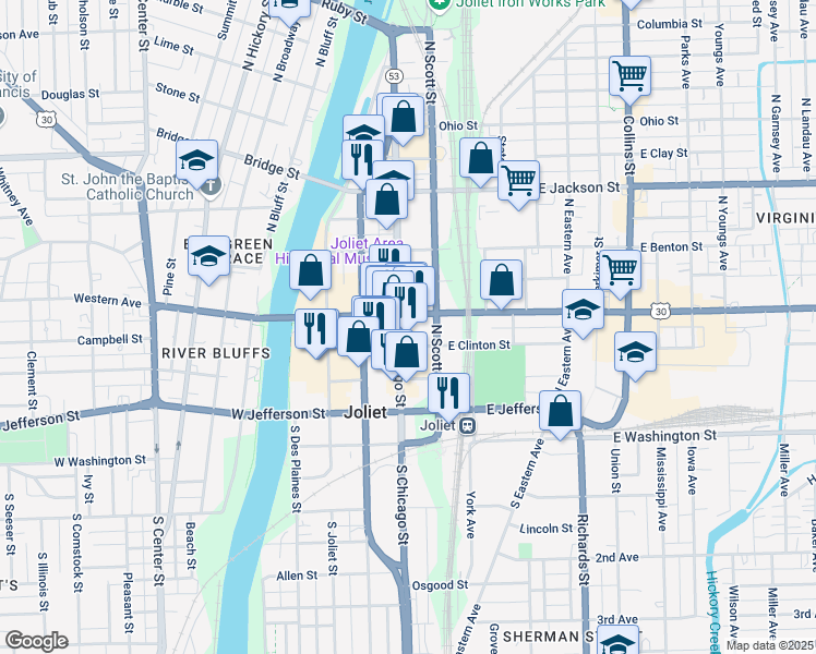 map of restaurants, bars, coffee shops, grocery stores, and more near 164 North Chicago Street in Joliet