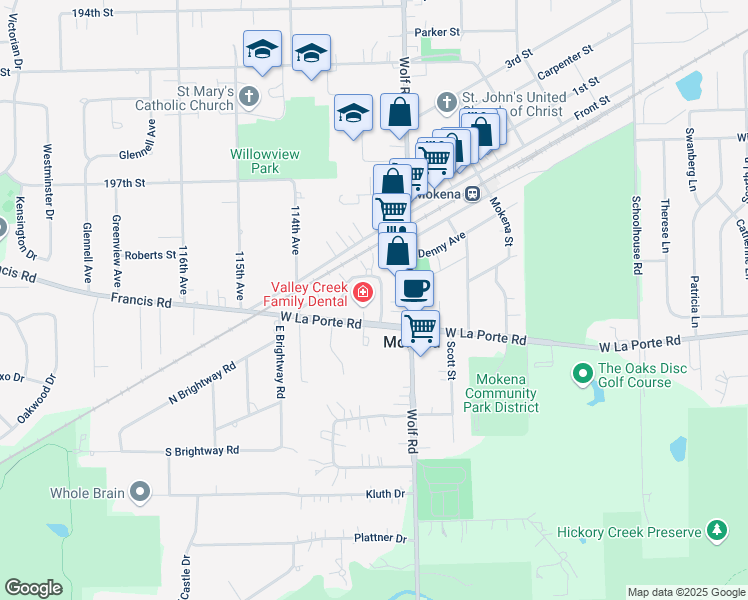 map of restaurants, bars, coffee shops, grocery stores, and more near 19926 Hickory Stick Ln in Mokena