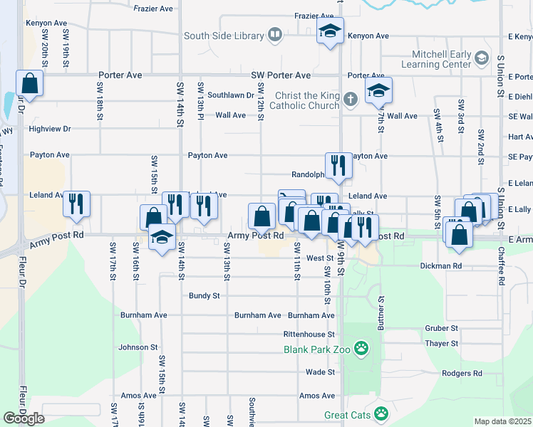 map of restaurants, bars, coffee shops, grocery stores, and more near 6223 Southwest 12th Street in Des Moines