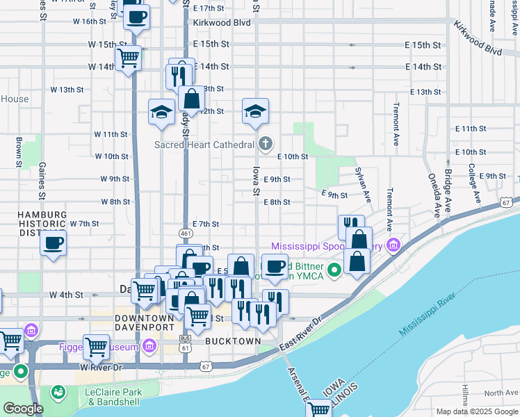 map of restaurants, bars, coffee shops, grocery stores, and more near 721 1/2 Iowa Street in Davenport