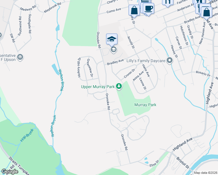 map of restaurants, bars, coffee shops, grocery stores, and more near 725 Oronoke Road in Waterbury