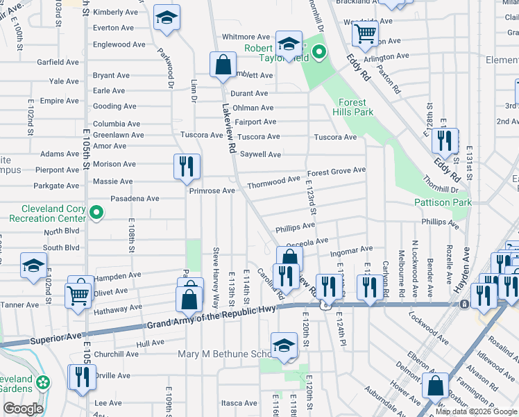 map of restaurants, bars, coffee shops, grocery stores, and more near 1109 Lakeview Road in Cleveland