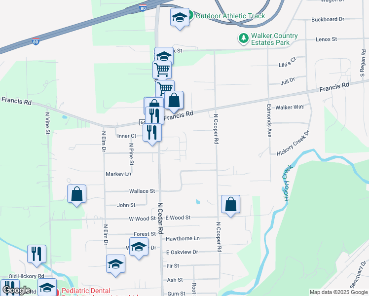 map of restaurants, bars, coffee shops, grocery stores, and more near 1227 Town Crest Drive in New Lenox
