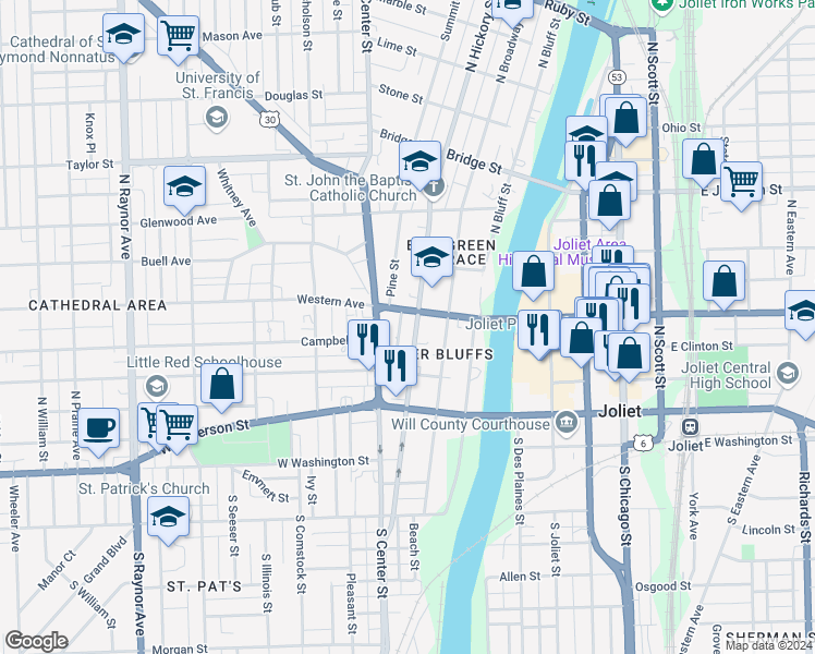map of restaurants, bars, coffee shops, grocery stores, and more near 217 Pine Street in Joliet