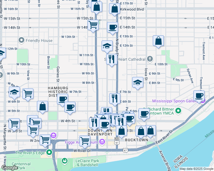 map of restaurants, bars, coffee shops, grocery stores, and more near 724 N Main St in Davenport