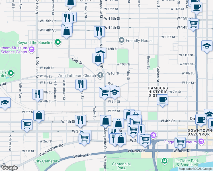map of restaurants, bars, coffee shops, grocery stores, and more near 728 North Marquette Street in Davenport