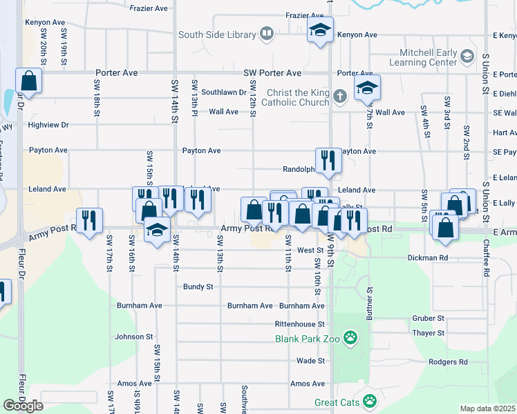 map of restaurants, bars, coffee shops, grocery stores, and more near 6223 Southwest 12th Street in Des Moines