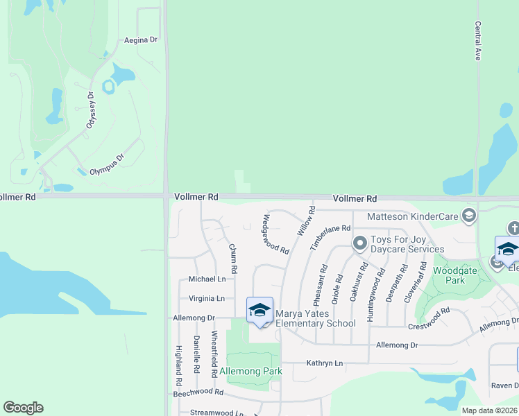 map of restaurants, bars, coffee shops, grocery stores, and more near 24 Wedgewood Road in Matteson