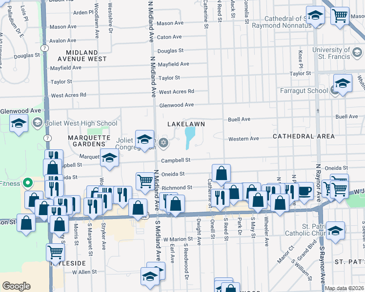 map of restaurants, bars, coffee shops, grocery stores, and more near 1226 Buell Court in Joliet
