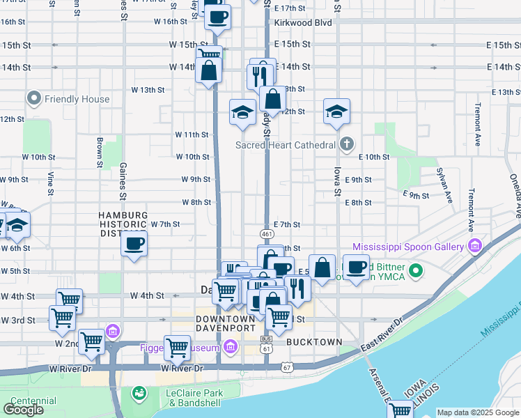 map of restaurants, bars, coffee shops, grocery stores, and more near North Brady Street in Davenport