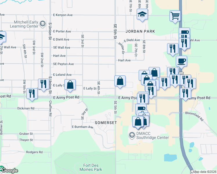map of restaurants, bars, coffee shops, grocery stores, and more near 428 East Lally Street in Des Moines