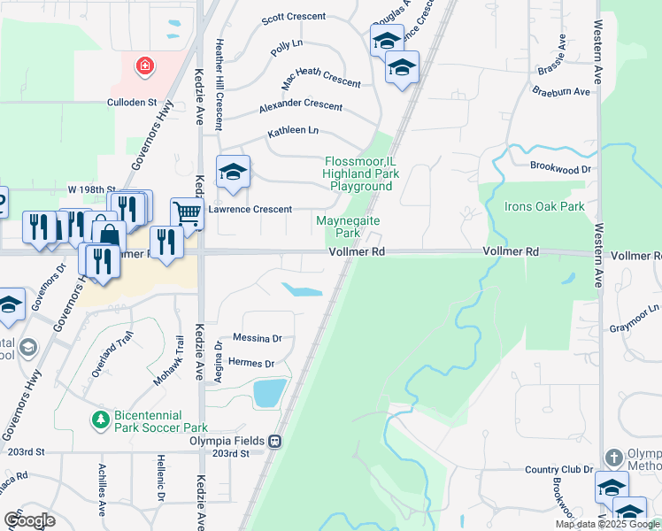 map of restaurants, bars, coffee shops, grocery stores, and more near 2901 Vollmer Road in Olympia Fields