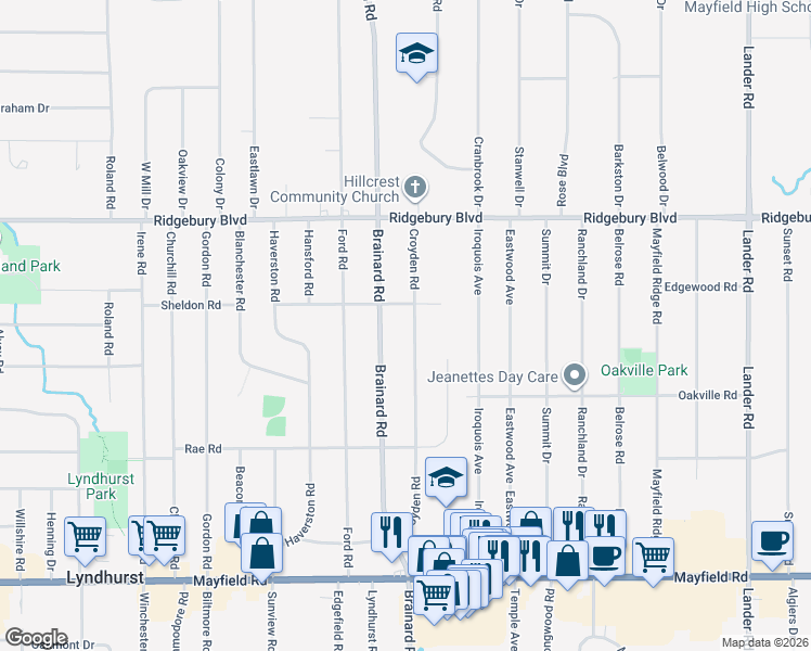 map of restaurants, bars, coffee shops, grocery stores, and more near 1198 Croyden Rd in Lyndhurst