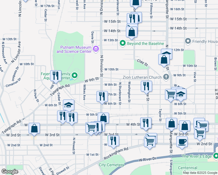 map of restaurants, bars, coffee shops, grocery stores, and more near 1705 West 8th Street in Davenport