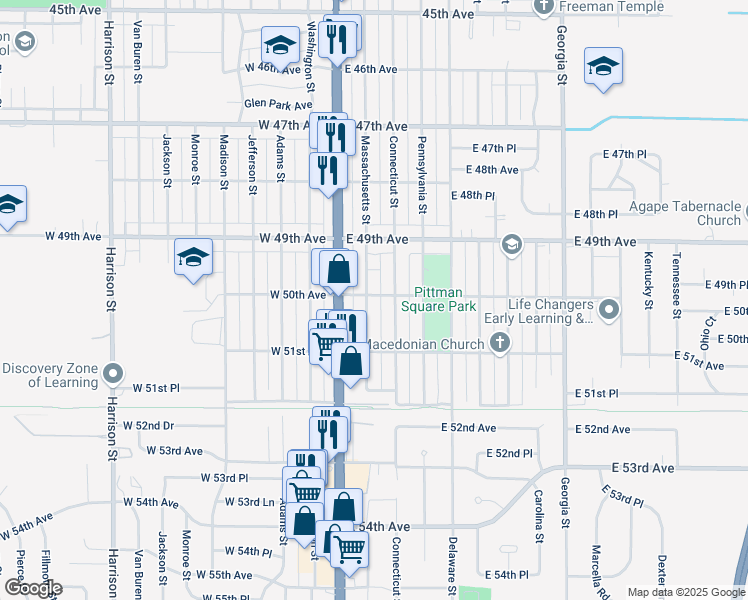 map of restaurants, bars, coffee shops, grocery stores, and more near 101 East 50th Avenue in Gary