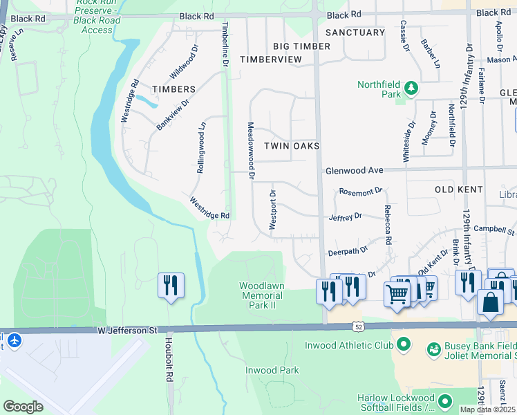map of restaurants, bars, coffee shops, grocery stores, and more near 212 Meadowwood Drive in Joliet