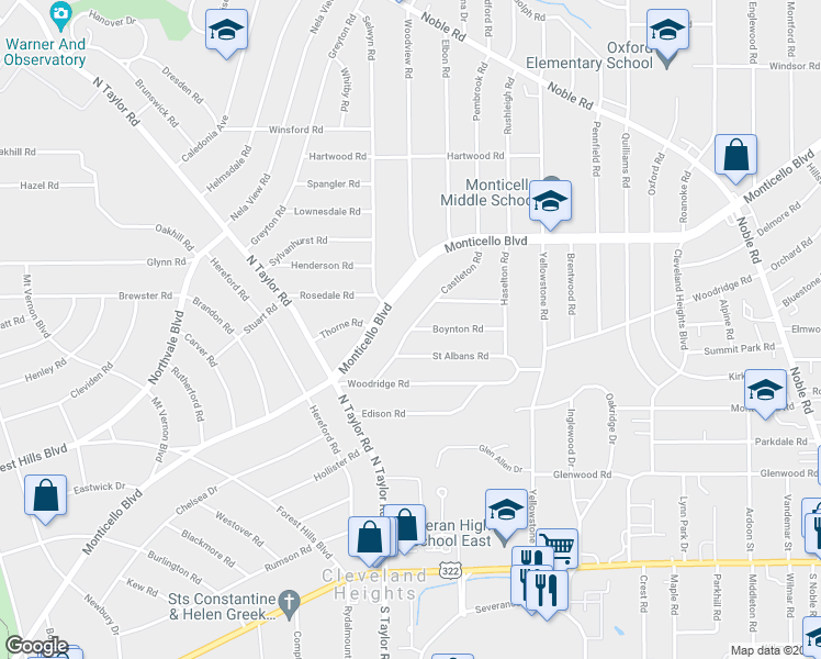map of restaurants, bars, coffee shops, grocery stores, and more near Castleton Road in Cleveland Heights