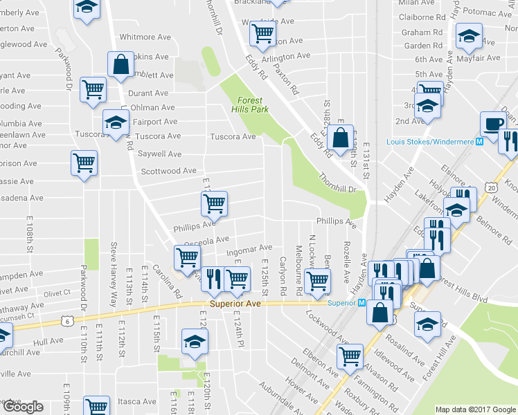 map of restaurants, bars, coffee shops, grocery stores, and more near 1144 East 125th Street in Cleveland