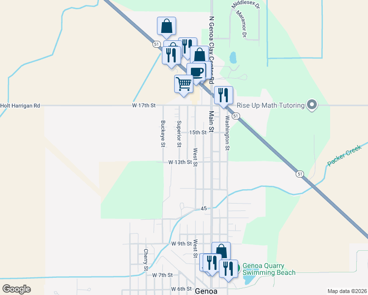 map of restaurants, bars, coffee shops, grocery stores, and more near 1313 Superior St in Genoa