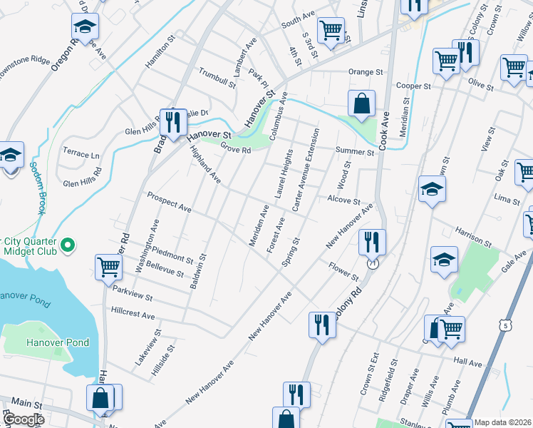 map of restaurants, bars, coffee shops, grocery stores, and more near 23 Meriden Avenue in Meriden