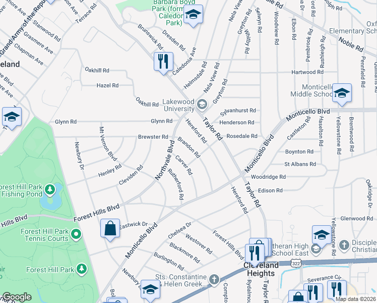 map of restaurants, bars, coffee shops, grocery stores, and more near 1090 Brandon Rd in Cleveland Heights