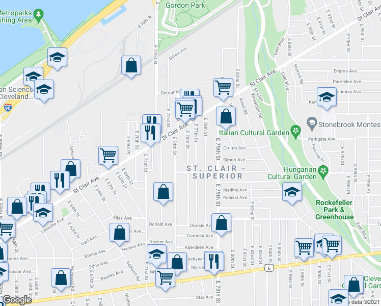 map of restaurants, bars, coffee shops, grocery stores, and more near 1007 E 76th St in Cleveland