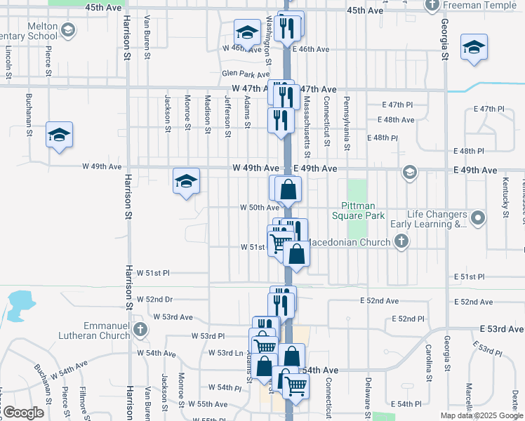 map of restaurants, bars, coffee shops, grocery stores, and more near 5000 Washington Street in Gary
