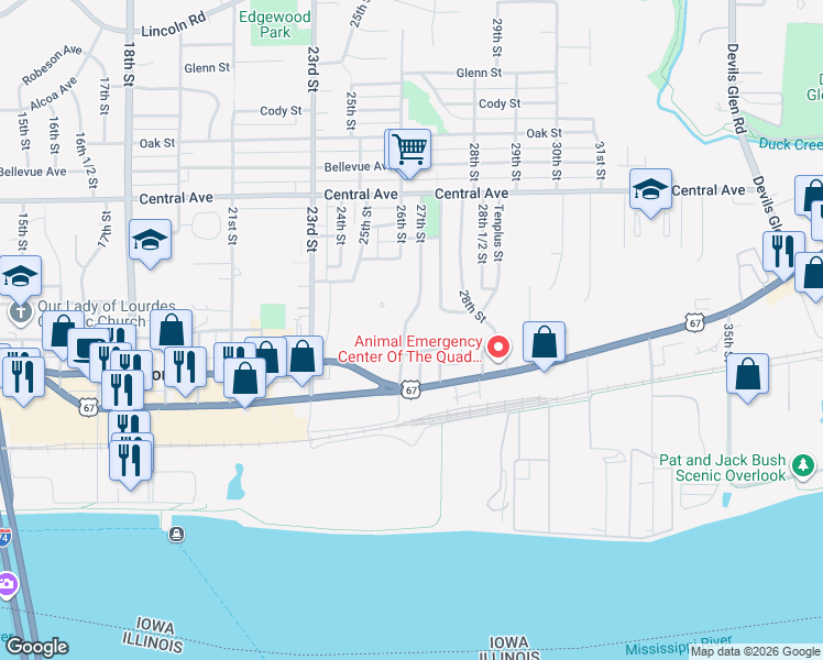 map of restaurants, bars, coffee shops, grocery stores, and more near 519 26th Street in Bettendorf