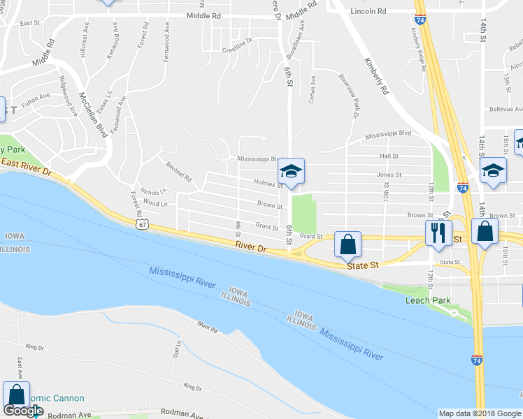 map of restaurants, bars, coffee shops, grocery stores, and more near 449 Brown Street in Bettendorf