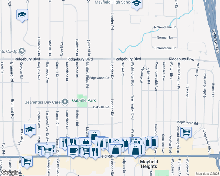 map of restaurants, bars, coffee shops, grocery stores, and more near 1210 Lander Road in Mayfield Heights
