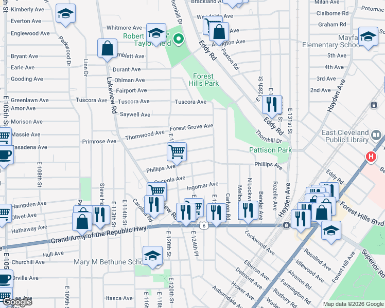 map of restaurants, bars, coffee shops, grocery stores, and more near 12366 Chesterfield Avenue in Cleveland