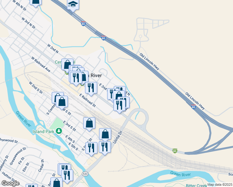 map of restaurants, bars, coffee shops, grocery stores, and more near 257 North 5th East Street in Green River