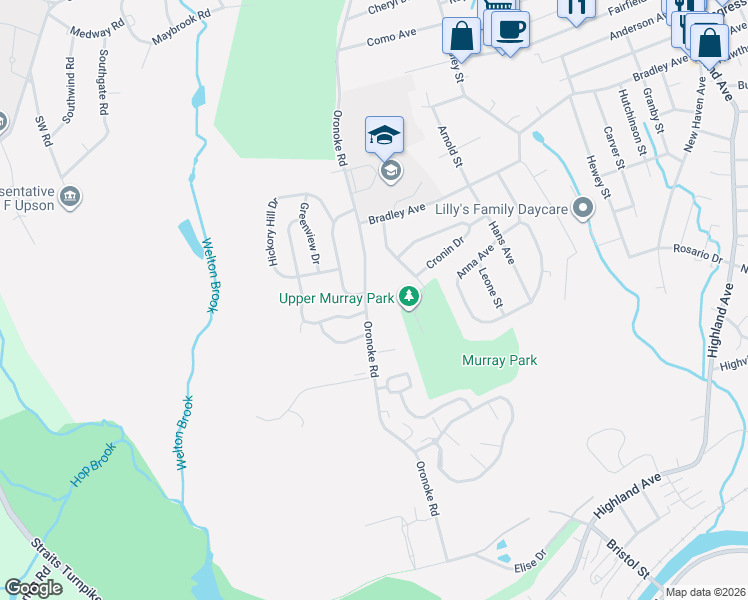 map of restaurants, bars, coffee shops, grocery stores, and more near 725 Oronoke Road in Waterbury