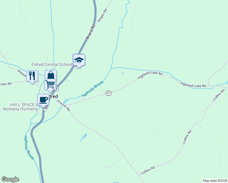 map of restaurants, bars, coffee shops, grocery stores, and more near 36 Highland Lake Road in Eldred