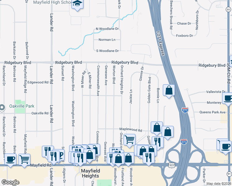 map of restaurants, bars, coffee shops, grocery stores, and more near 1211 Worton Boulevard in Mayfield Heights