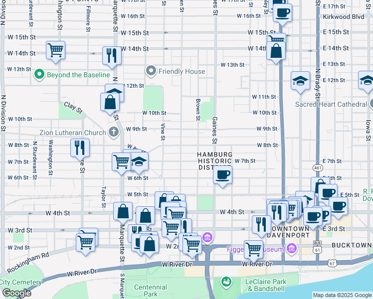 map of restaurants, bars, coffee shops, grocery stores, and more near 823 West 8th Street in Davenport