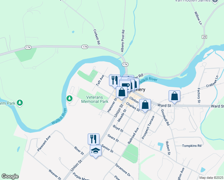 map of restaurants, bars, coffee shops, grocery stores, and more near 24 Bridge Street in Montgomery