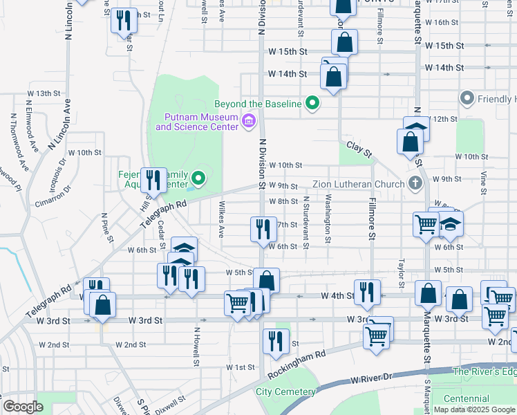 map of restaurants, bars, coffee shops, grocery stores, and more near 726 North Division Street in Davenport