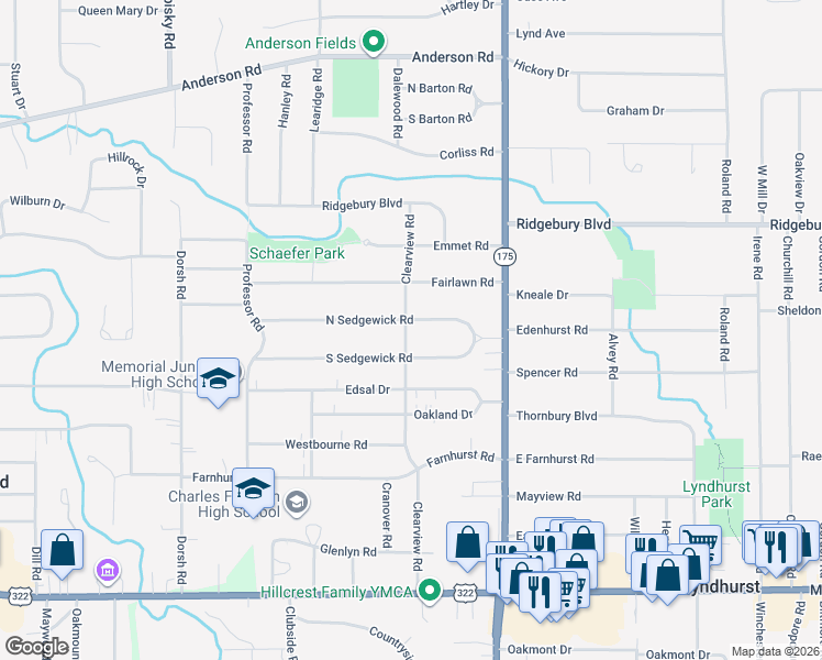 map of restaurants, bars, coffee shops, grocery stores, and more near 4968 North Sedgewick Road in Lyndhurst