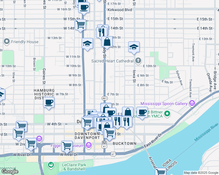 map of restaurants, bars, coffee shops, grocery stores, and more near 723 Brady Street in Davenport