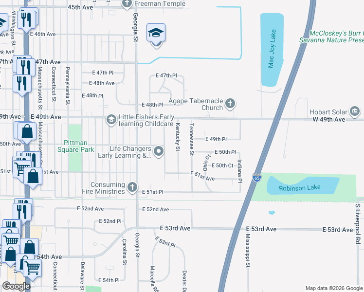 map of restaurants, bars, coffee shops, grocery stores, and more near 4995 Kentucky Street in Gary