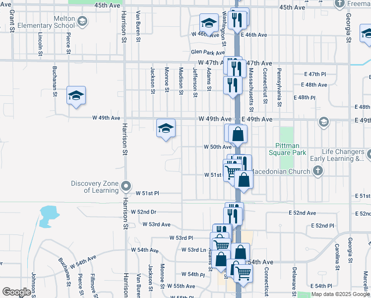 map of restaurants, bars, coffee shops, grocery stores, and more near 5001 Madison Street in Gary