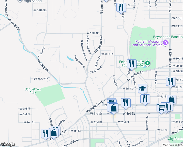 map of restaurants, bars, coffee shops, grocery stores, and more near 815 Cimarron Drive in Davenport