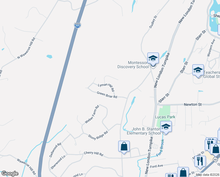 map of restaurants, bars, coffee shops, grocery stores, and more near 18 Lyman Hill Road in Norwich