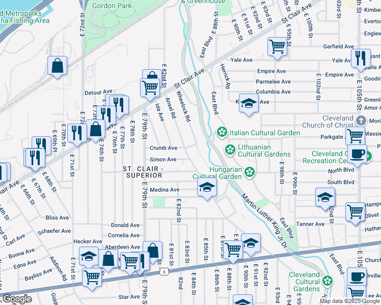 map of restaurants, bars, coffee shops, grocery stores, and more near 977 Ansel Rd in Cleveland