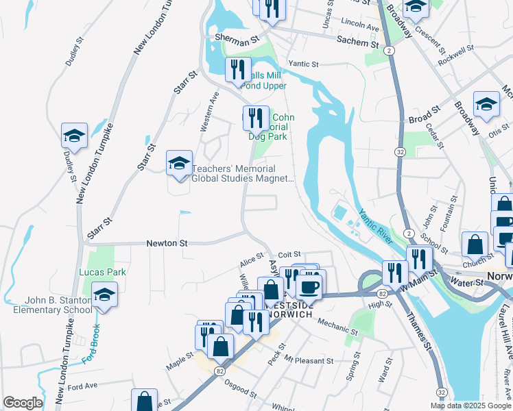 map of restaurants, bars, coffee shops, grocery stores, and more near 20 Grant Court in Norwich