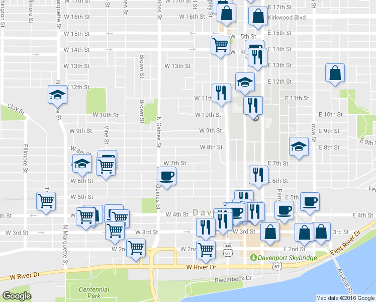 map of restaurants, bars, coffee shops, grocery stores, and more near 513 West 8th Street in Davenport