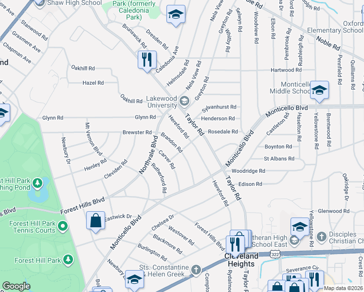 map of restaurants, bars, coffee shops, grocery stores, and more near 1090 Hereford Road in Cleveland Heights
