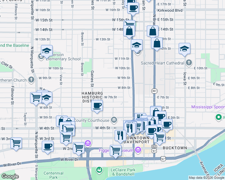 map of restaurants, bars, coffee shops, grocery stores, and more near 513 West 8th Street in Davenport